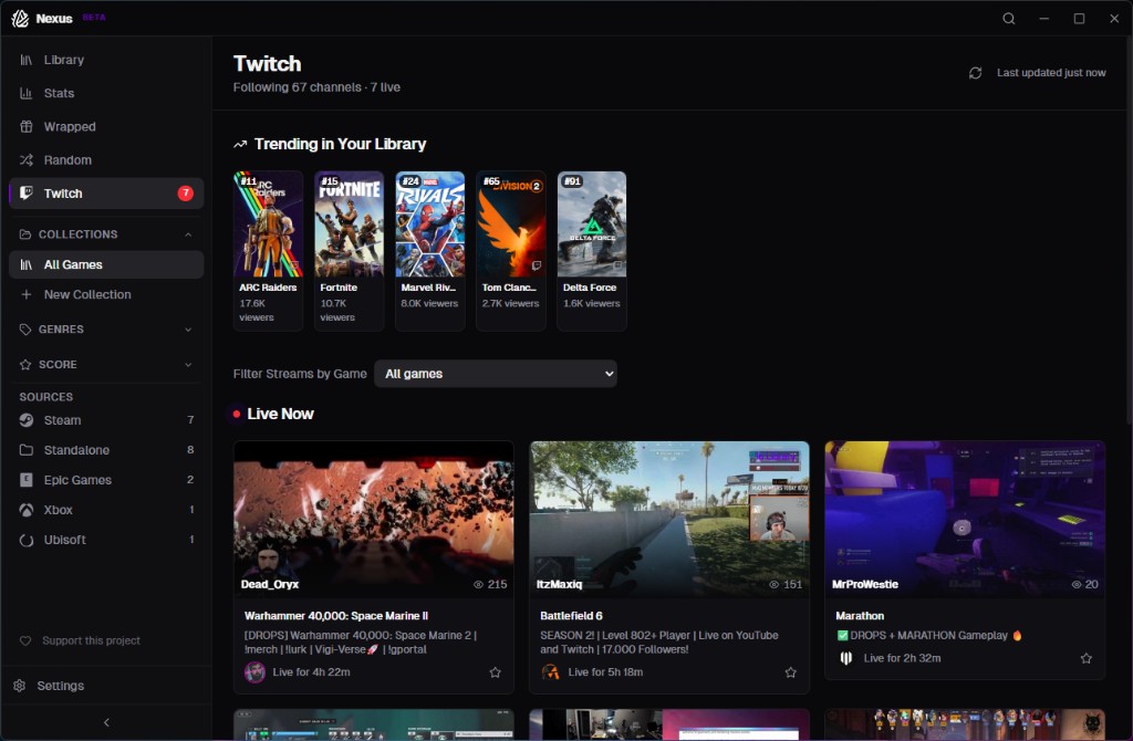 Nexus Twitch integration showing trending games, live streams, and viewer counts