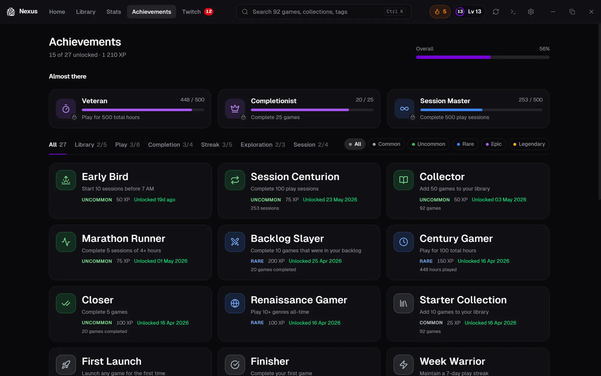Achievements page with the Almost there row