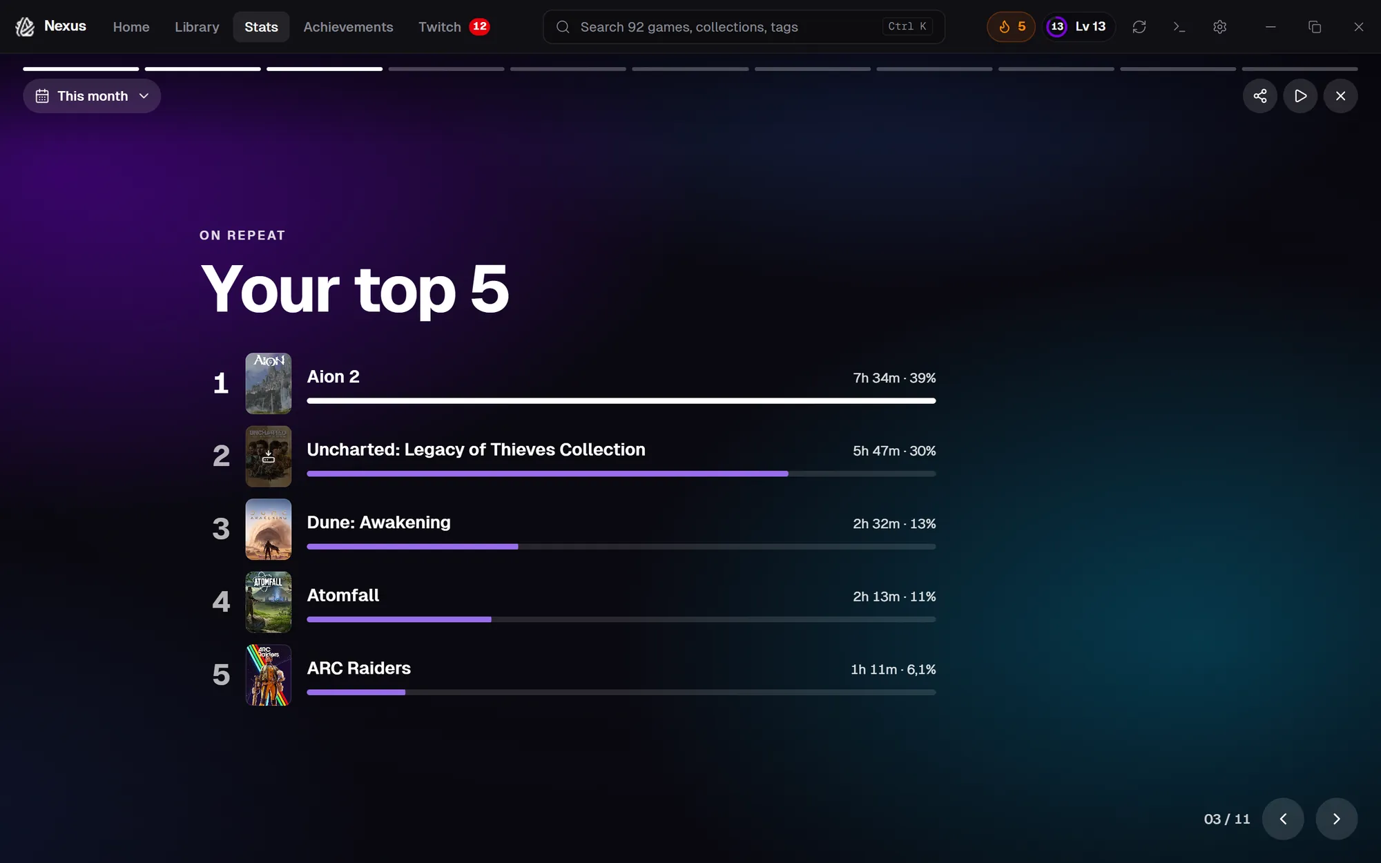 Wrapped story slide listing your top 5 games